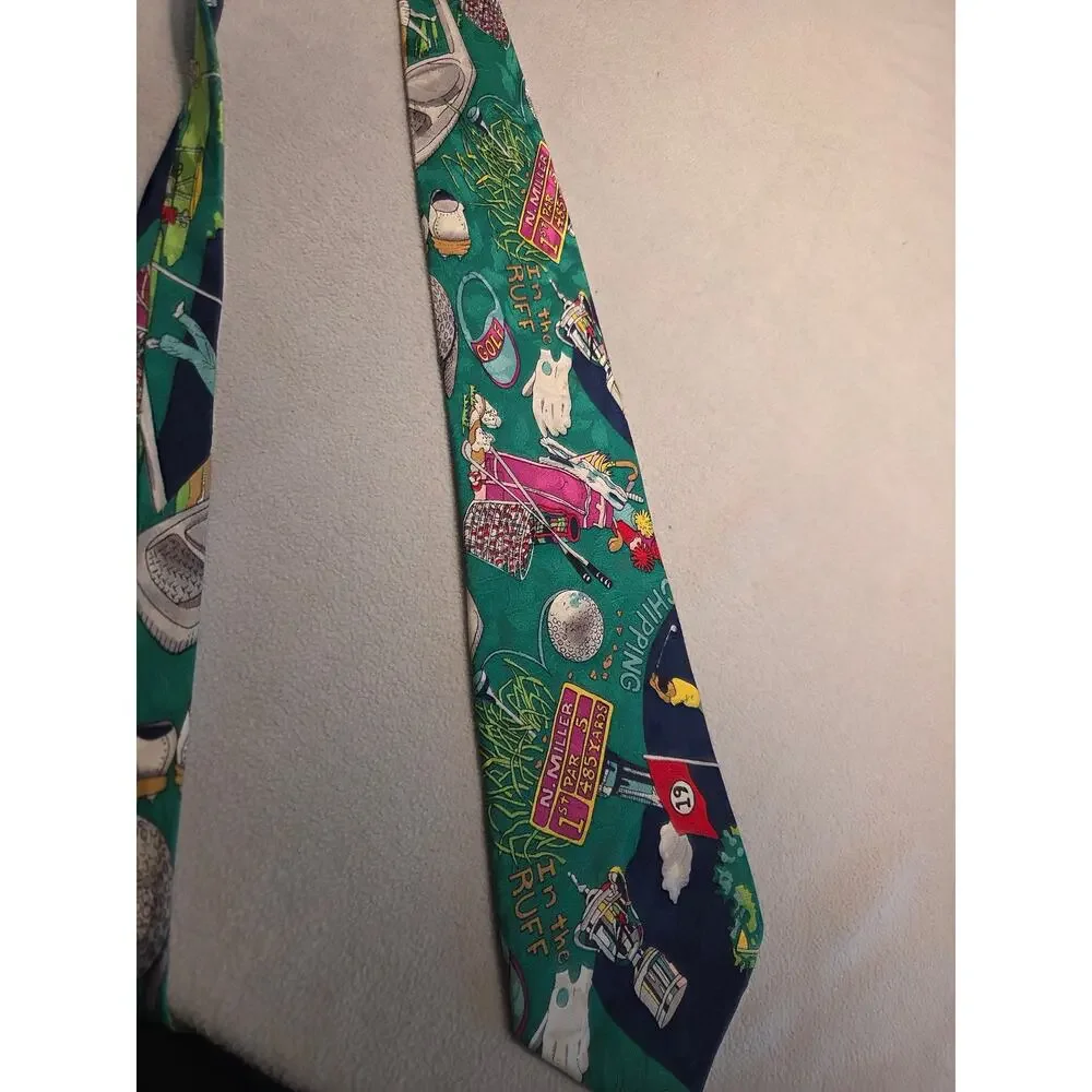 Nicole Miller Golf Tie Silk Green Novelty Necktie Golfer In The Ruff 1993 Mens